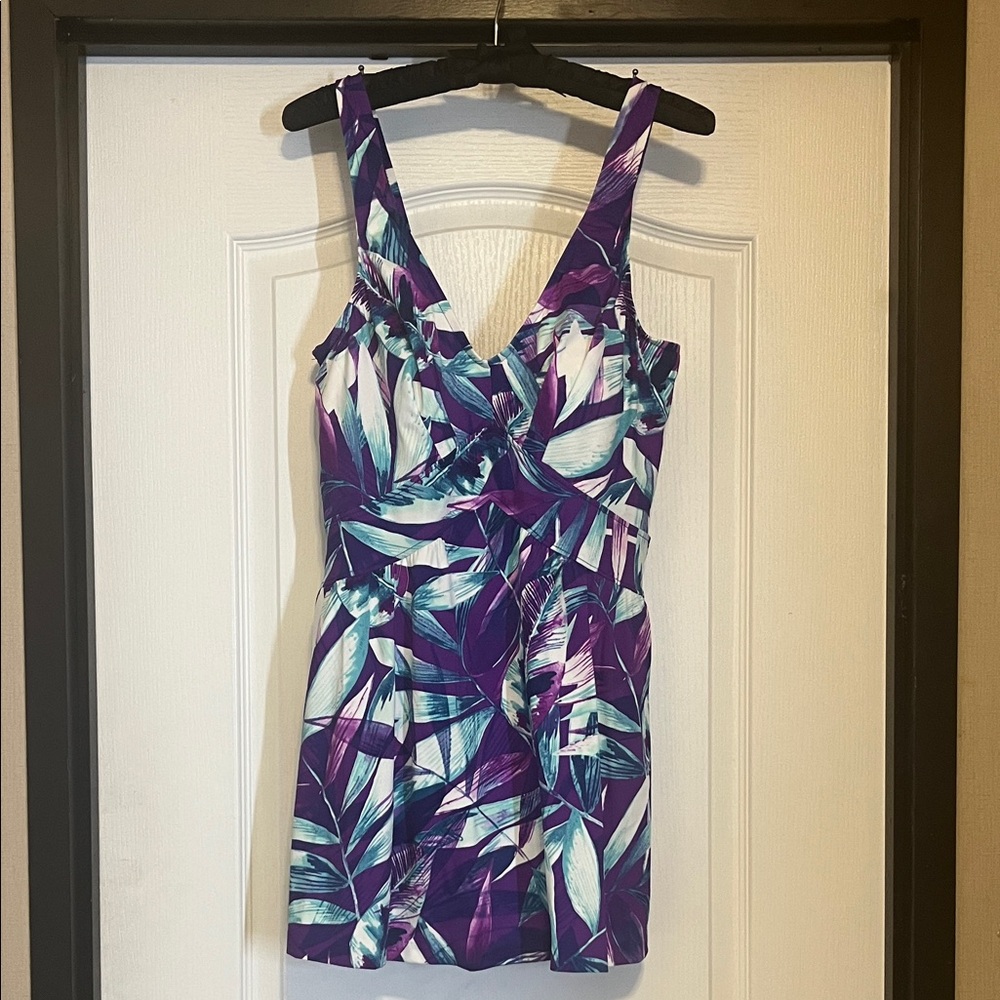 Purple and Teal Leaf Print Plus Size Swimsuit